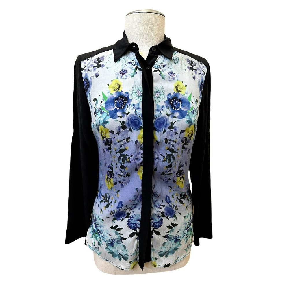 GUESS by Marciano Women's Floral Silk Blouse Button Down Collared Size XS